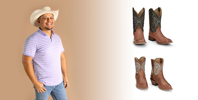  A man wearing a purple shirt and a straw cowboy hat. Isabella 7” Bootie in brown and Haggard 11" Caiman boot in tan.